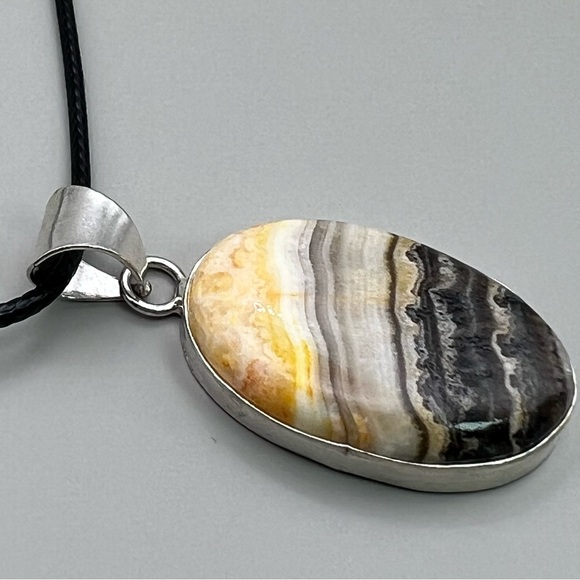 New Zebra Calcite Agate Stone Silver Overlay Pendant Necklace w Cord - Picture 2 of 8